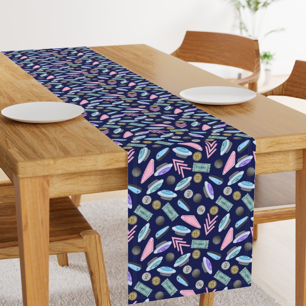 Table runner with multicolored retro pinball arcade gaming pattern on navy blue background